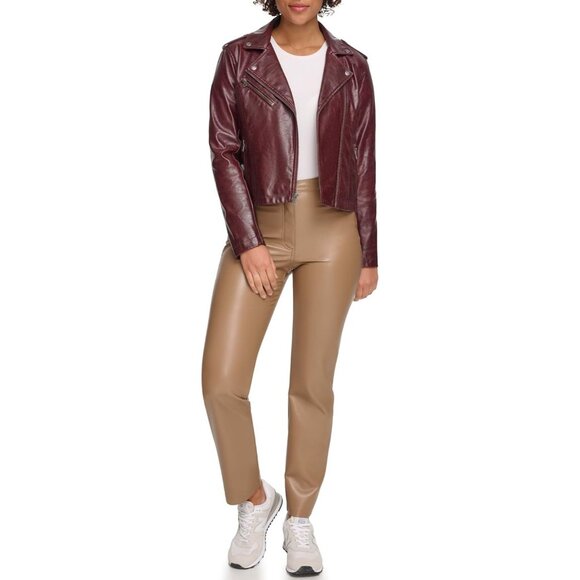 Women's The Classic Faux Leather Moto Jacket Font Full Zipper Oxblood Gloss Pu - Picture 5 of 5